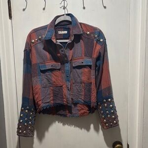 WE THE FREE by Free People Austin crop plaid studded long sleeve button down